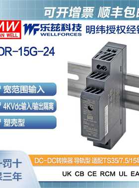 明纬12/24V变24V导轨电源15W DDR-15G-24 4:1宽输入铁路ITE安规