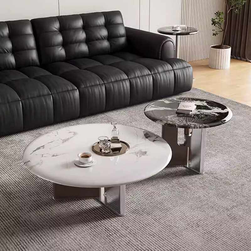 意式轻奢大小圆茶几客厅家用小户型极简微晶石圆形茶几边几组合