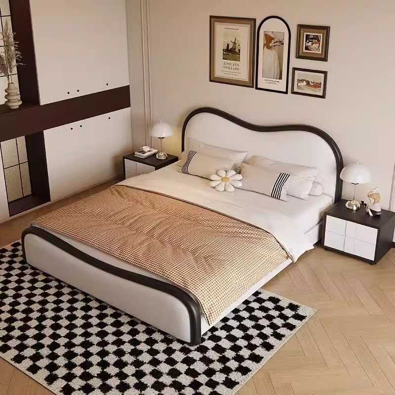 现代简约真皮床1.8m主卧双人床1.5m小户型轻奢黑白色储物软包皮床