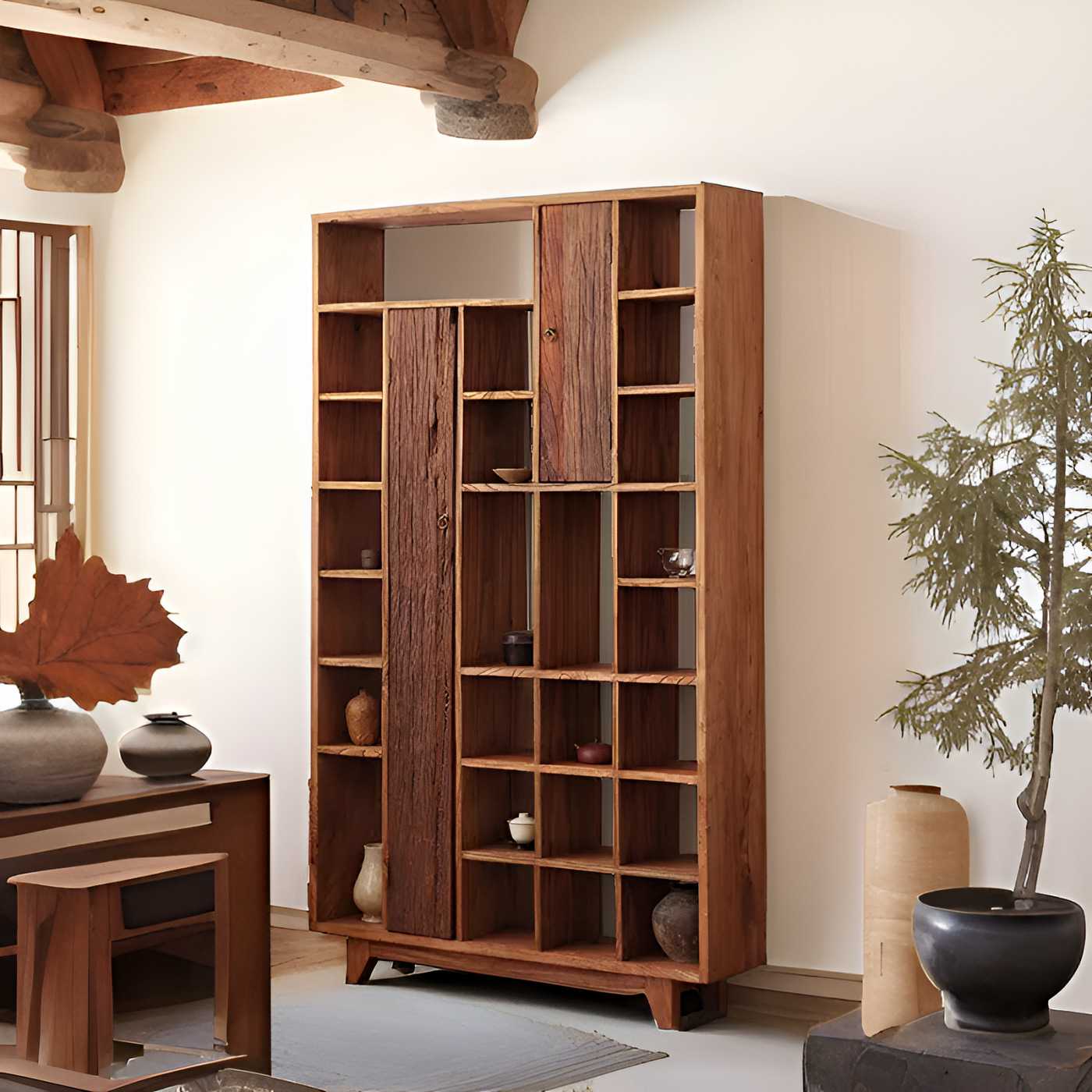 老榆木博古架侘寂风实木老木展示架茶室置物架茶杯多宝阁收纳柜