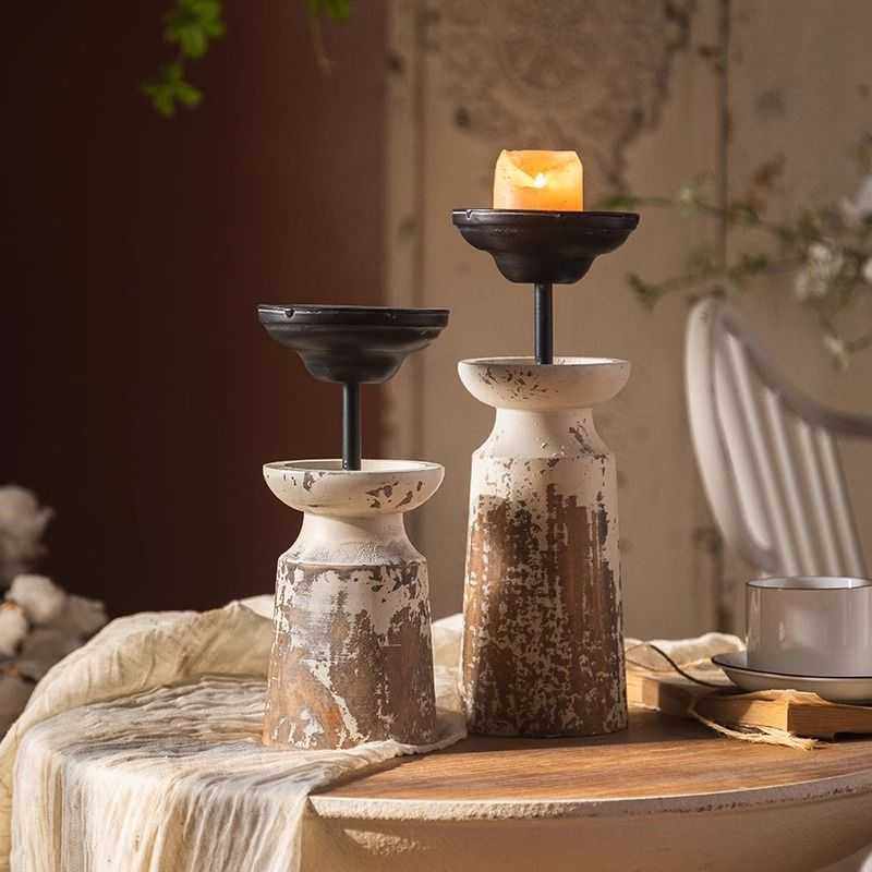 美式复古摆件感小众铁艺烛台家用浪漫摄影小道具实木蜡烛托台