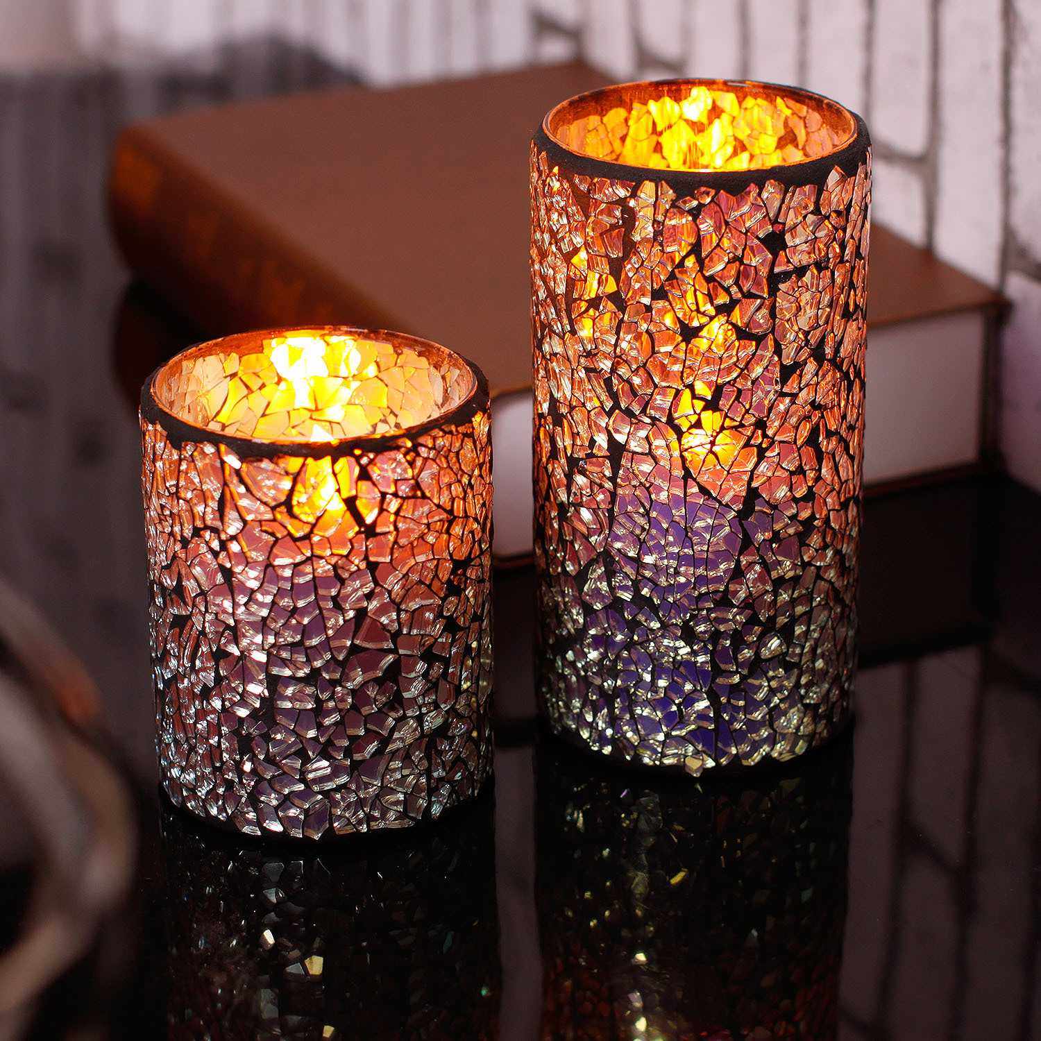 马赛克玻璃蜡烛 led电子蜡烛灯 求爱结婚生日礼物玻璃蜡烛灯烛台