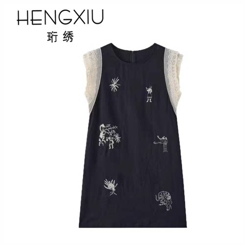 珩绣2026夏新款天丝亚麻刺绣重工印花小飞袖连衣裙ZF-XL582