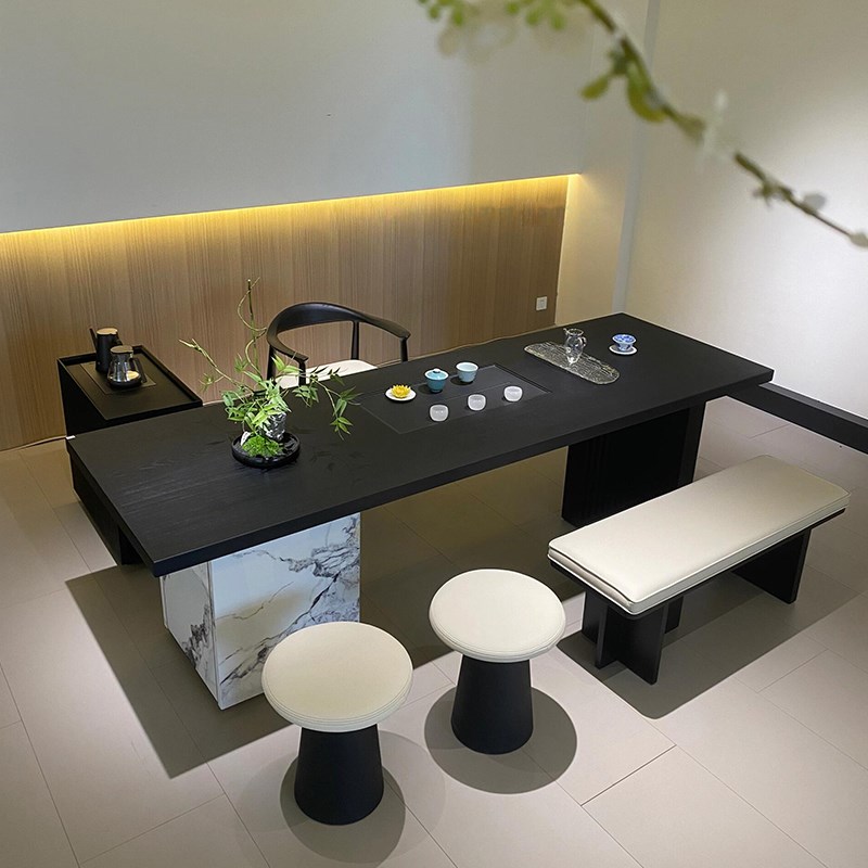 新中式茶桌2025新款高端意式岩板轻奢现代高级T感泡茶桌实木茶台