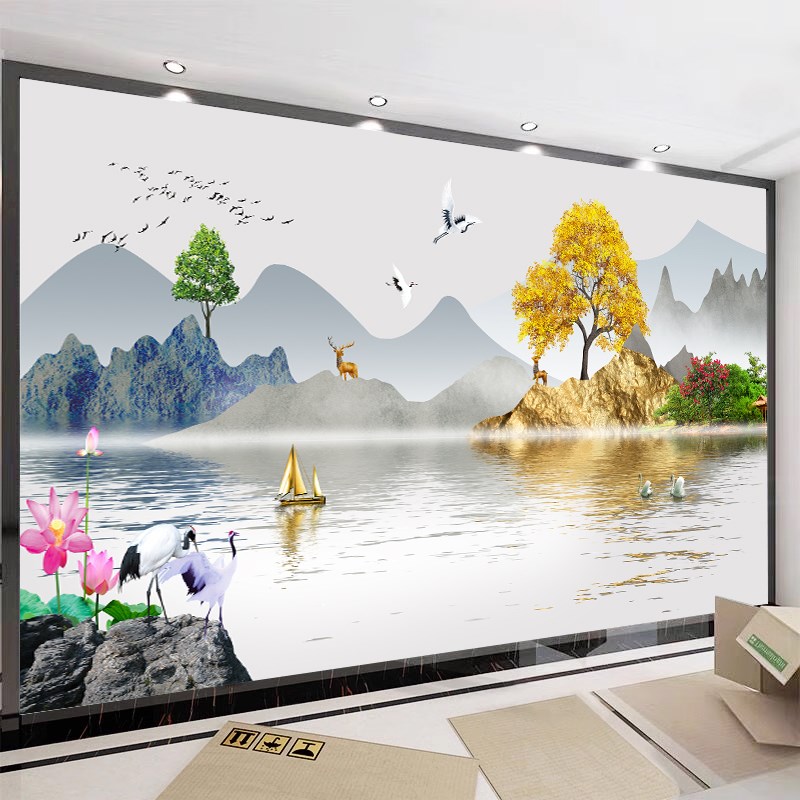 电视背景墙壁纸定制新中式山水壁z画3d立体无缝壁布8D客厅影视墙