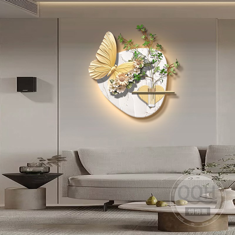 奶油风蝴蝶餐厅装饰画客厅背景墙挂画高级感立体砂岩画水培绿植图片