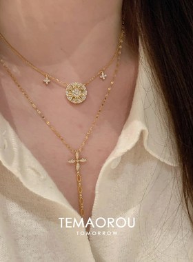 两件套!爆闪满钻八芒星锁骨链女轻奢精致十字架流苏吊坠项链配饰