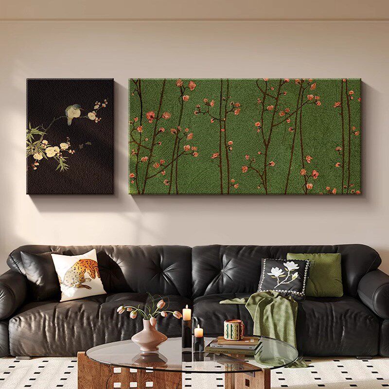 法式中古风客厅装饰画绿色风景沙发背景墙挂画高级感复古组合壁画