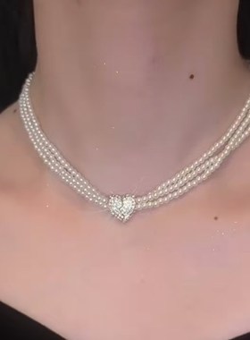 磁力爱心三层珍珠颈链女短款设计感网红百搭锁骨链2023新款项链女