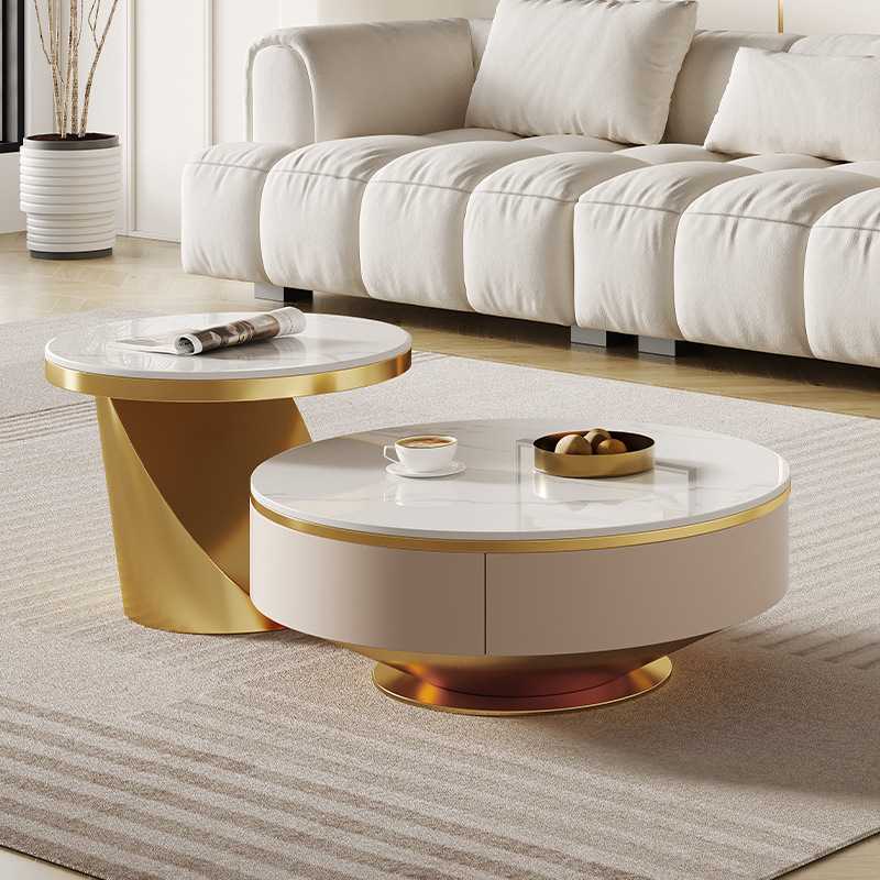 意式轻奢岩板大小圆形茶几带抽屉创意设计师家用现代简约客厅桌子