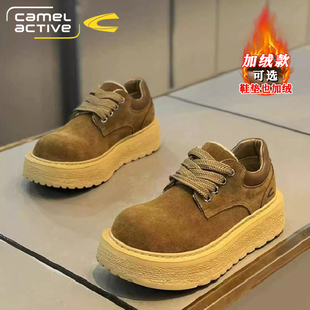 德国骆驼动感男鞋冬季英伦风复古翻毛皮鞋男士运动厚底大头德比鞋