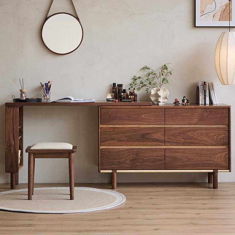 北美黑胡桃木梳妆台一体化妆桌收纳柜床尾柜卧室可移动储物化妆桌