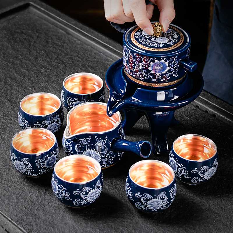 缠枝莲鎏银茶具套装家用办公时来运转石磨茶盘自动泡茶壶功夫茶杯