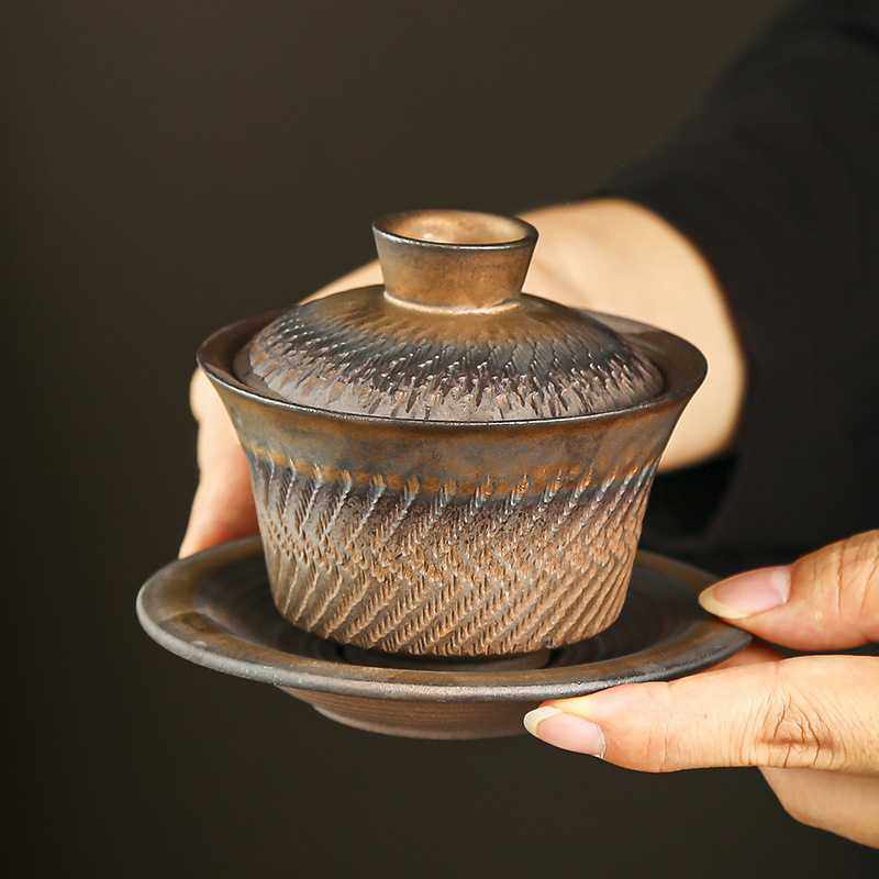 鎏金铁锈釉三才盖碗复古陶瓷家用茶碗泡茶器单个手工中式功夫茶具,农机/农具/农膜,其它农用工具,淘宝优惠券,粉丝福利购,淘宝优惠卷
