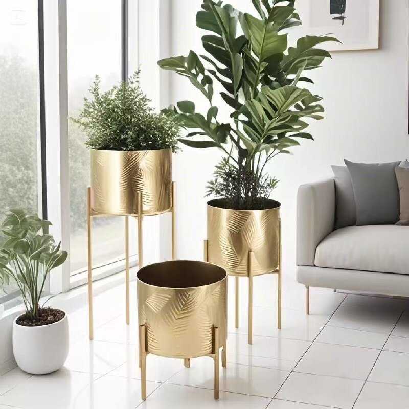 北欧风金色花盆铁艺花架三件套家居软装陈列仿真花绿植装饰大花器