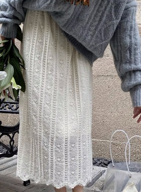 SUNSHINE LION白色法式蕾丝加绒半身裙女春秋新款高腰a字包臀长裙