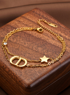 新款高版字母CD手链女时尚复古双层钛钢手链女星星不掉色饰品