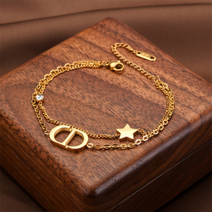 新款高版字母CD手链女时尚复古双层钛钢手链女星星不掉色饰品