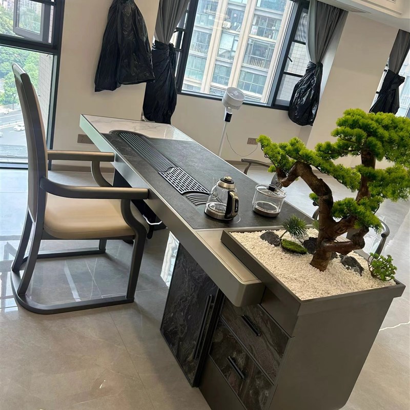 新中式岩板茶桌椅组合现代简约北美黑胡桃木办公室泡茶台