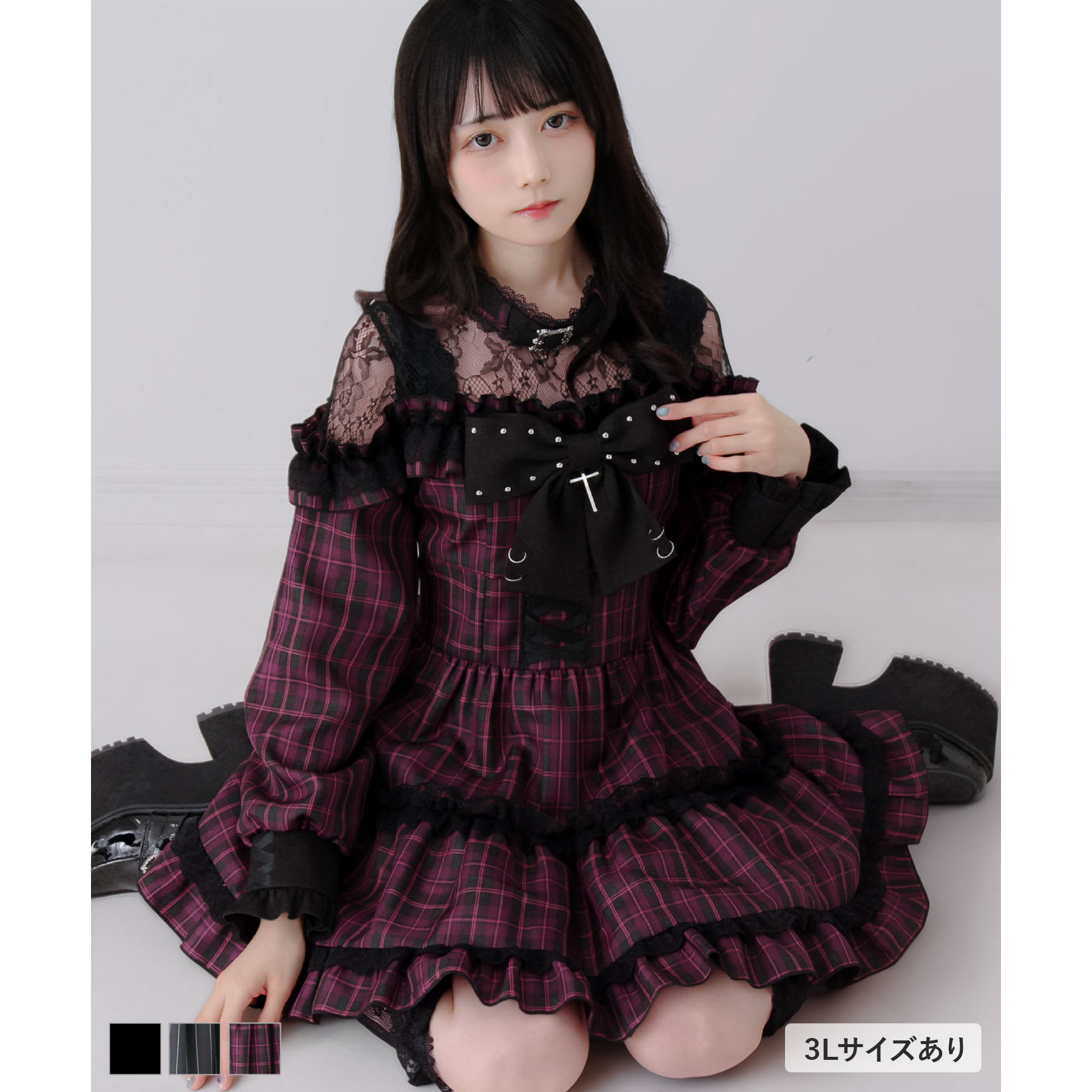 梦展望 蕾丝露肩颈链铆钉蝴蝶结连衣裙2026新款亚文化蕾服 536271