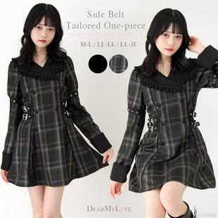 梦展望 侧褶塔夫绸娃娃裙显瘦时尚长袖收腰格子日系连衣裙 535897