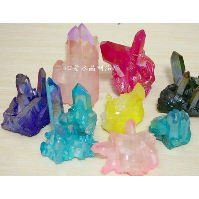 电镀七彩虹 红水晶簇摆件 水晶柱水晶 原石晶簇摆件