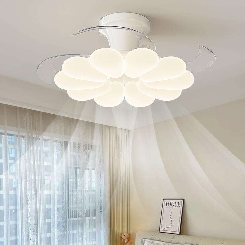 奶油风花朵风扇灯卧室全铜电机静音一体电扇灯护眼儿童房间吸顶灯