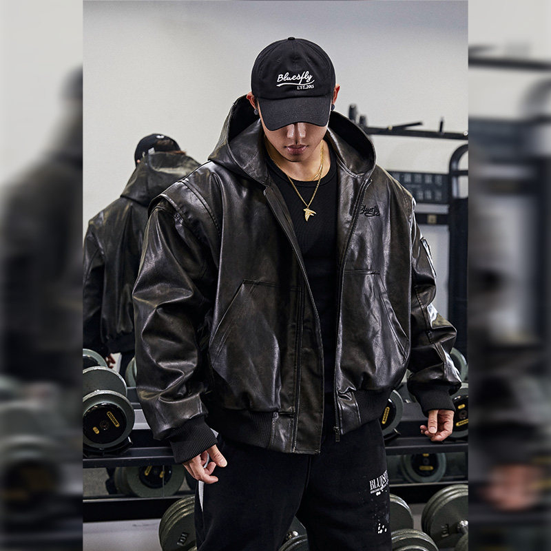 高级感美式bomber皮衣外套夹克男