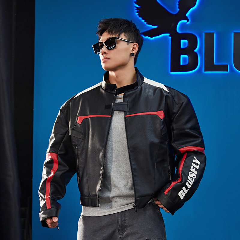 BLUESFLY美式皮衣夹克外套男机车服痞帅廓形外骨骼立体裁剪拉链