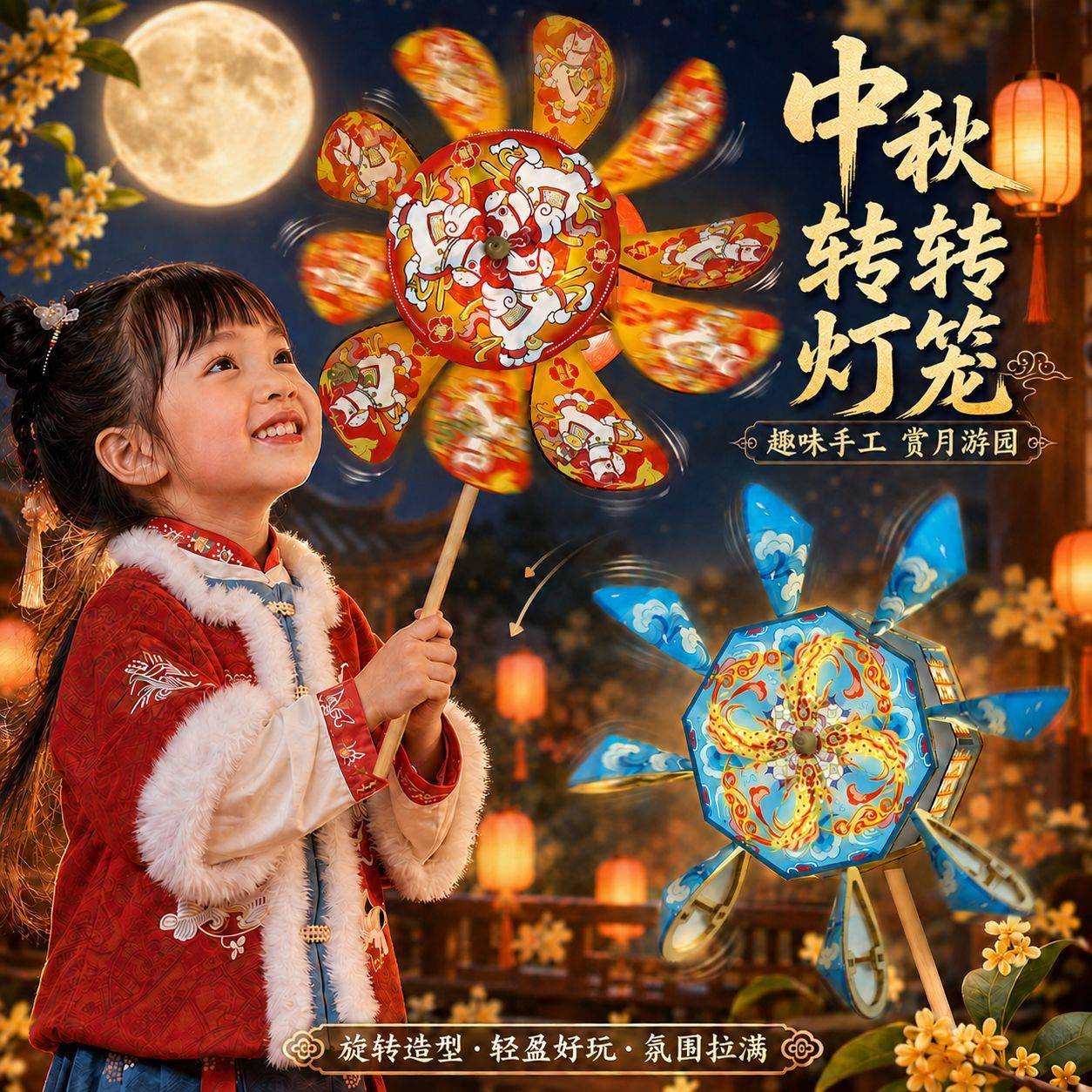 中秋节转花灯儿童手持旋转风车灯