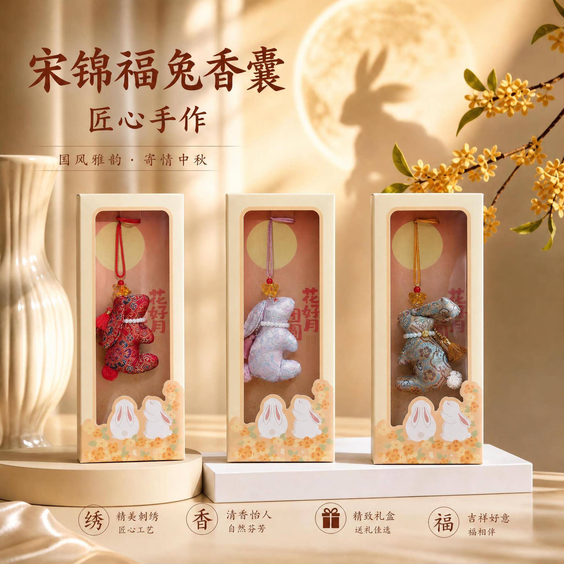 中秋节小礼品仿宋锦兔子香囊挂件