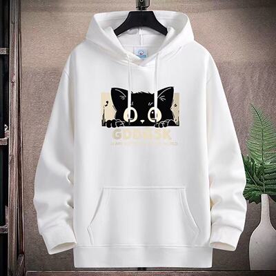 白色休闲连帽卫衣男秋季2025新款重磅宽松外套男款青少年加绒帽衫