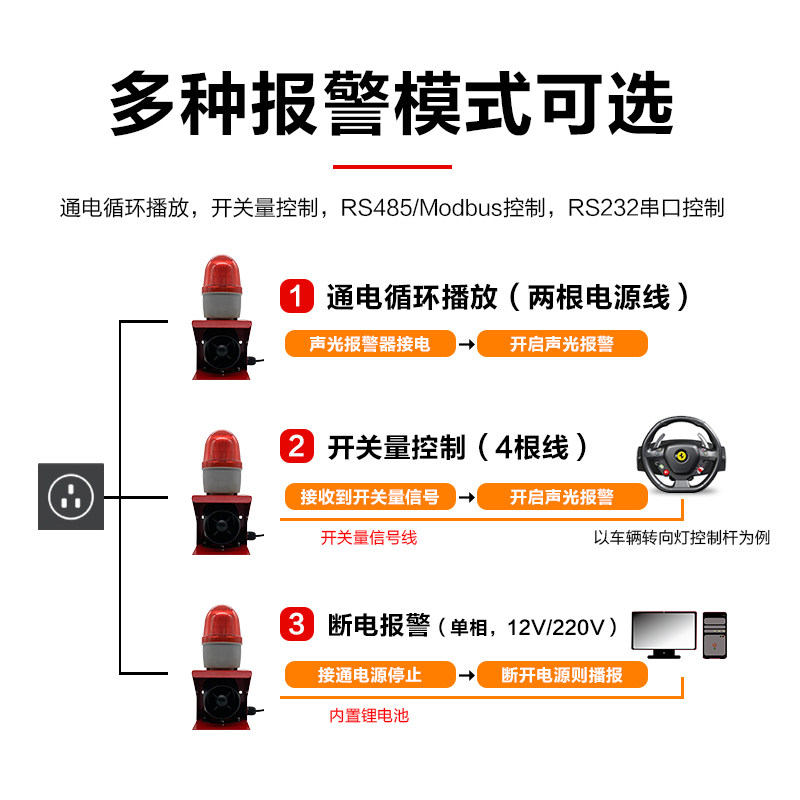 工业声光警报器220V24v12v大功率闪烁警报灯堆高机可调节一体警报
