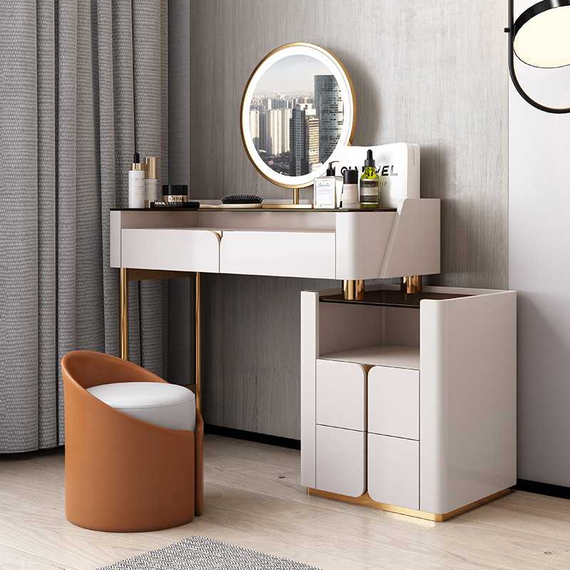 意式极简轻奢梳妆台一体柜ins风化妆桌椅子LED三色镜茶色钢化玻璃