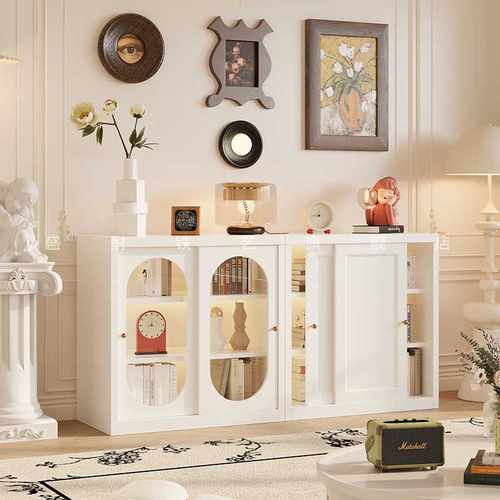 W8矮柜落地学生书架法式书柜铁艺靠墙推拉门书橱电视柜收纳储物柜