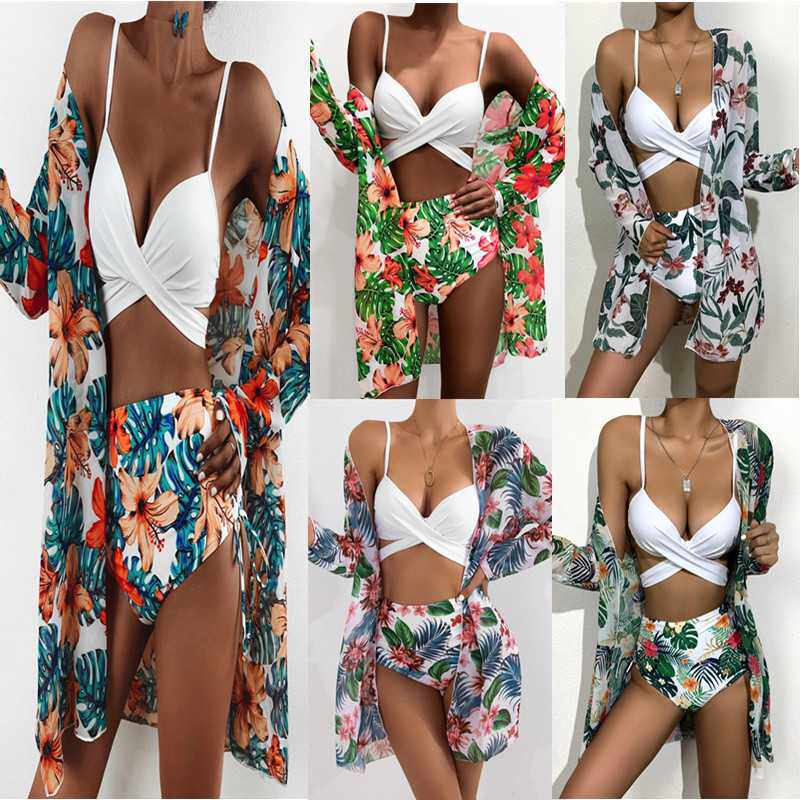 2022新款三件套女士分体泳装时尚纱外披数码印花厂家 sy2169