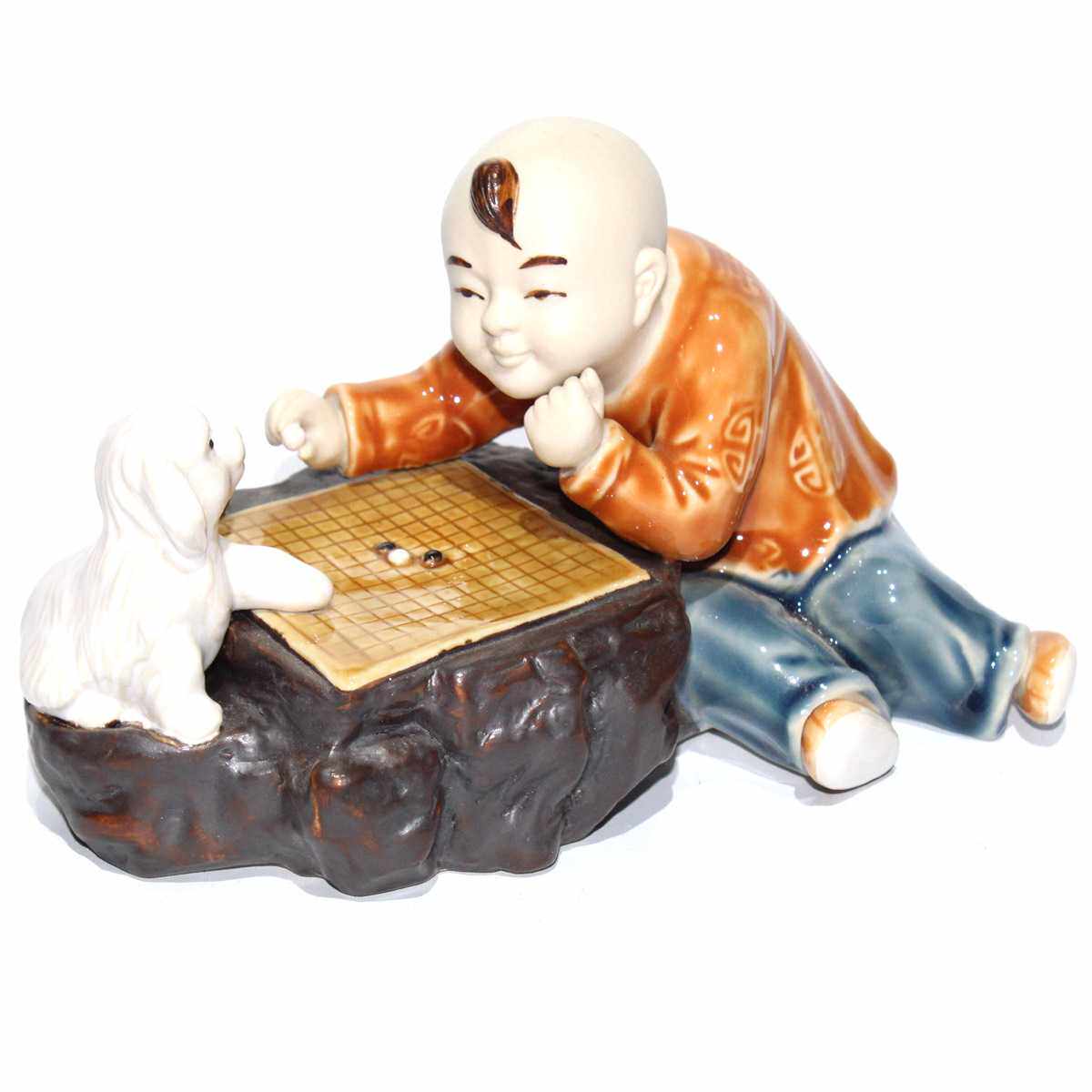 沉思小孩下围棋石湾陶瓷公仔盆景假山渔缸人物摆设厂家直销可代发
