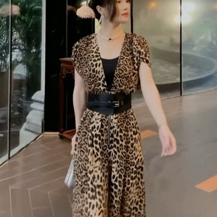 时尚 女2024夏季 网红款 豹g纹连体衣裤 裙 新款 女人味遮肉显瘦阔腿裤