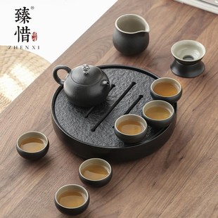 家用简z约办公室会客厅乌金石茶盘小茶台 现代黑陶功夫茶具套装