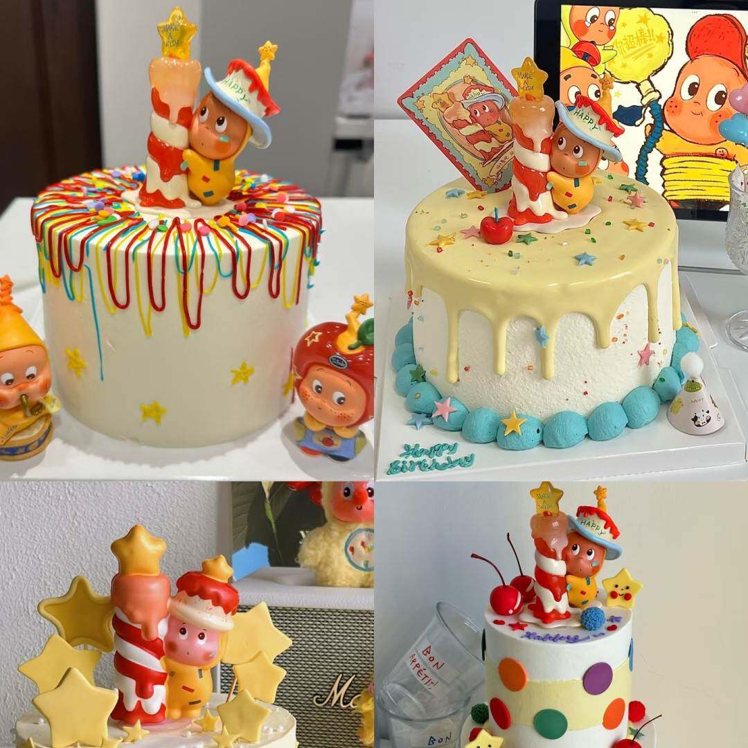 网红抱蜡烛星星人蛋糕装饰吹喇叭苹果星星人蛋糕儿童卡通烘焙摆件