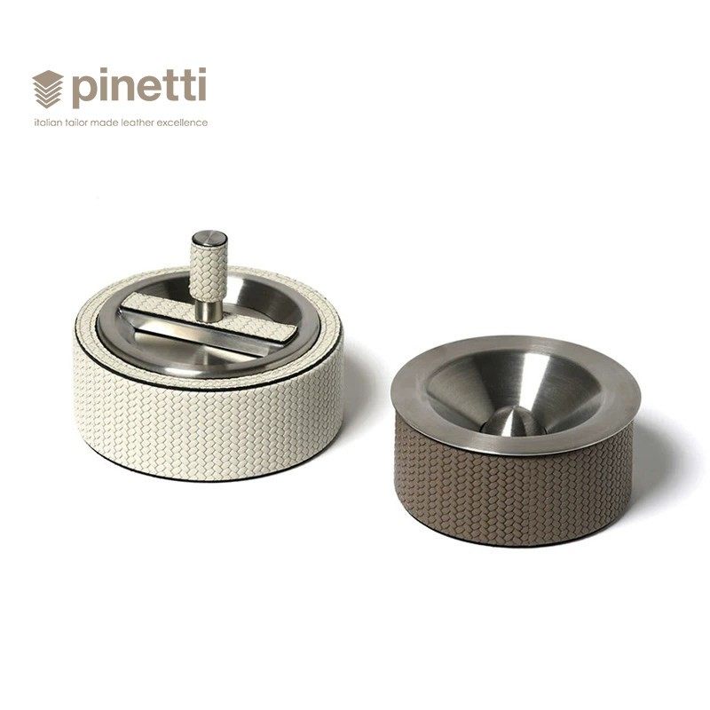 【烟灰缸】Pinetti意大利原装手工小牛皮饰镜面不锈钢防风 雪茄缸