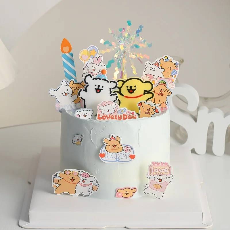 网红ins线条小狗蛋糕装饰摆件卡通狗狗多彩雨丝蜡烛插件烘焙插牌