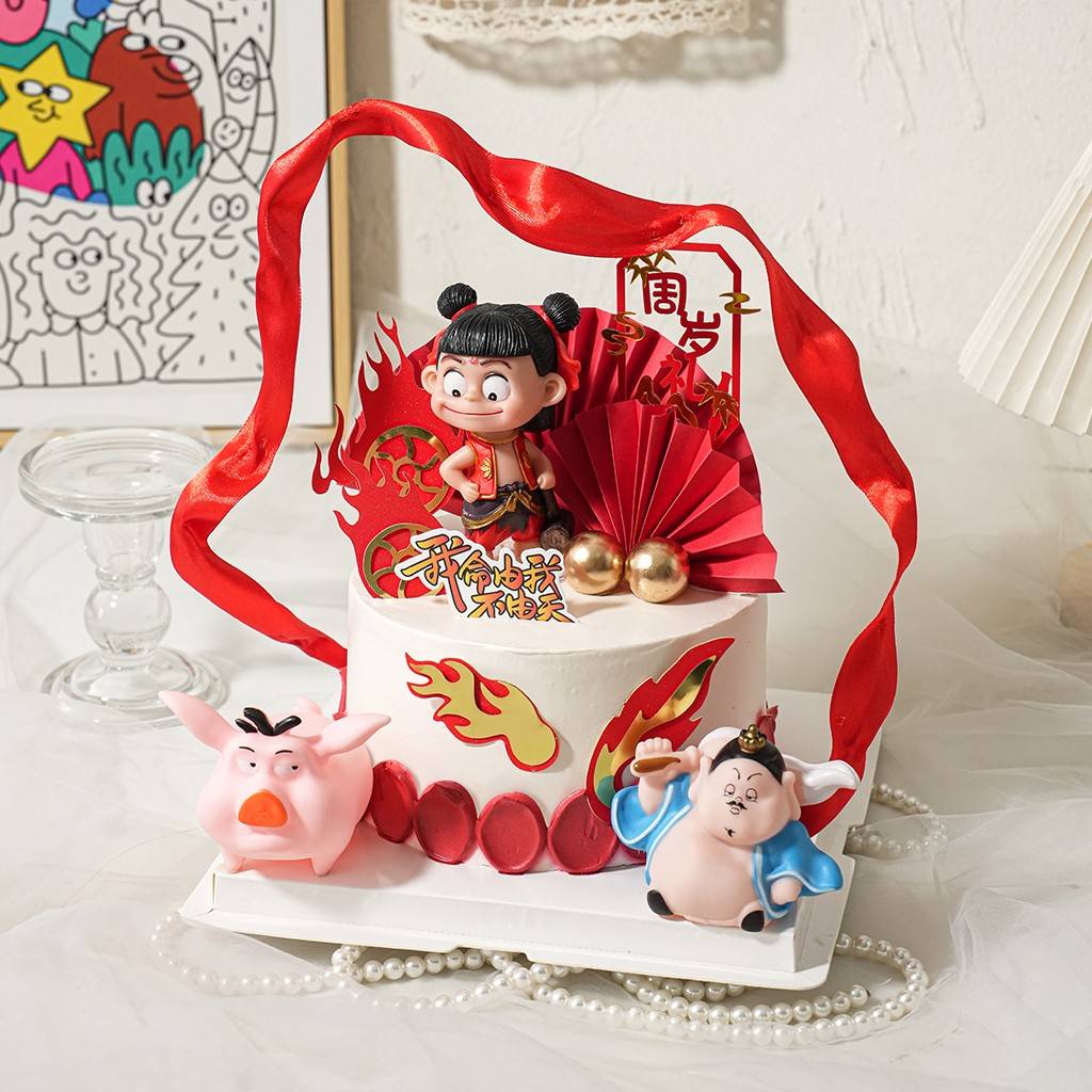 哪吒主题周岁蛋糕摆件风火轮红色混天绫插牌儿童男孩生日装扮插件