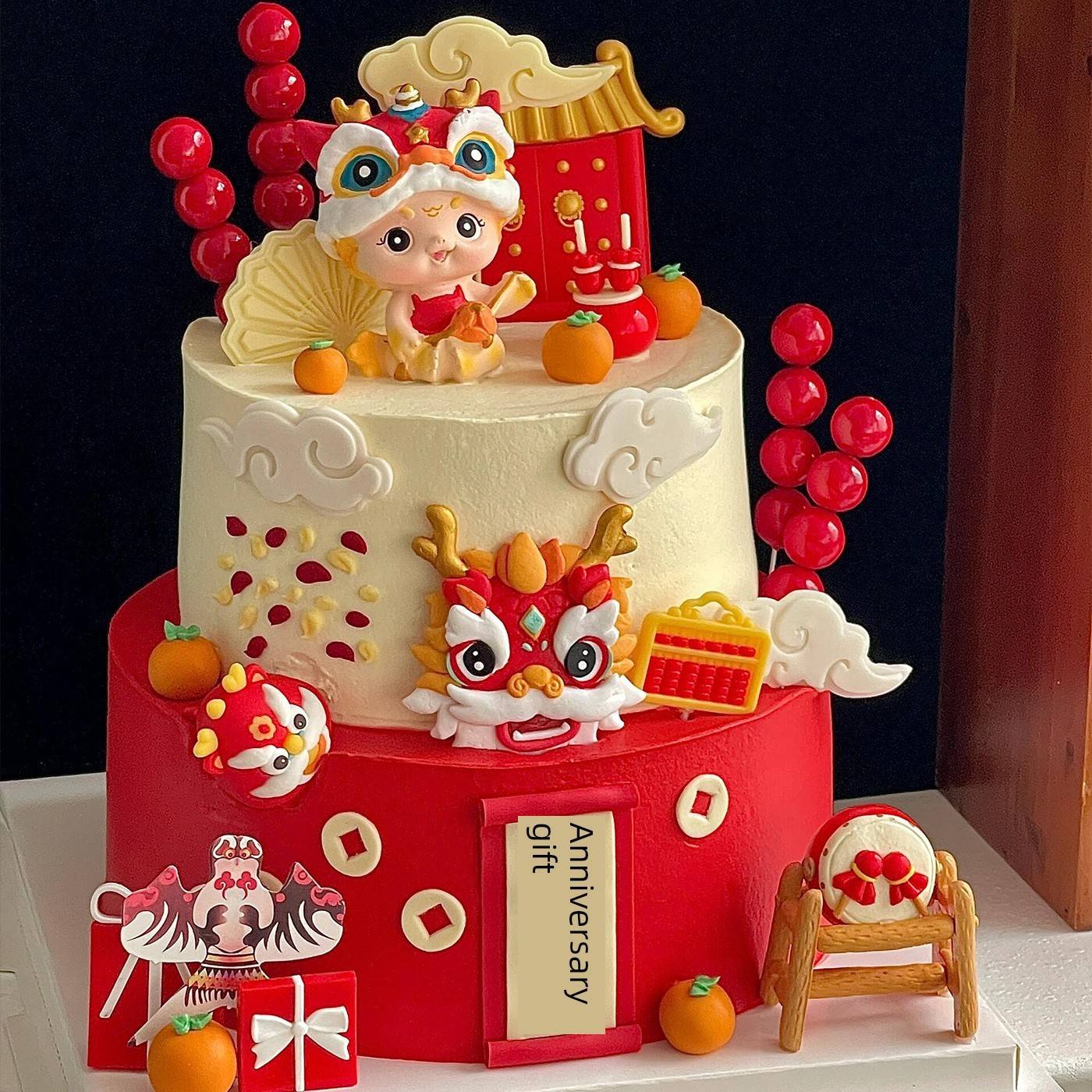 全国潮流舞狮舞龙宝宝一岁生日礼物蛋糕装饰饰品中国风男孩和女孩