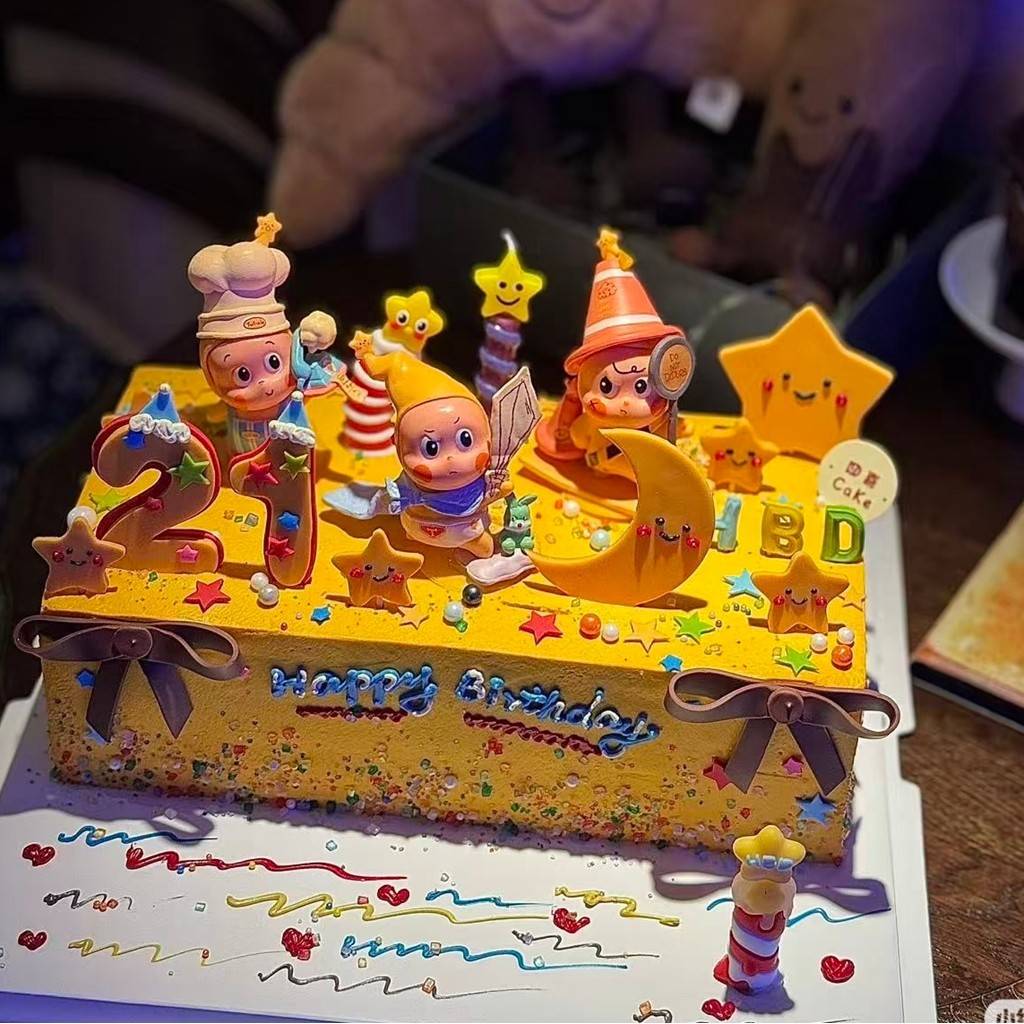 许愿星星人蛋糕装饰卡通吹泡泡跷跷板星星人摆件儿童生日蜡烛插件