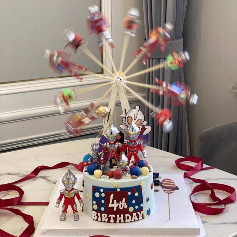 卡通奥特曼蛋糕装饰摆件电动旋转摩天轮奥特曼男孩儿童生日插件