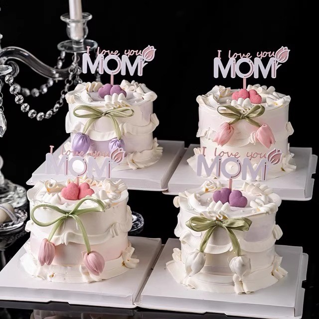 5.11母亲节mom玫瑰粉白亚克力插件仿真郁金香苞丝带摆件蛋糕装饰