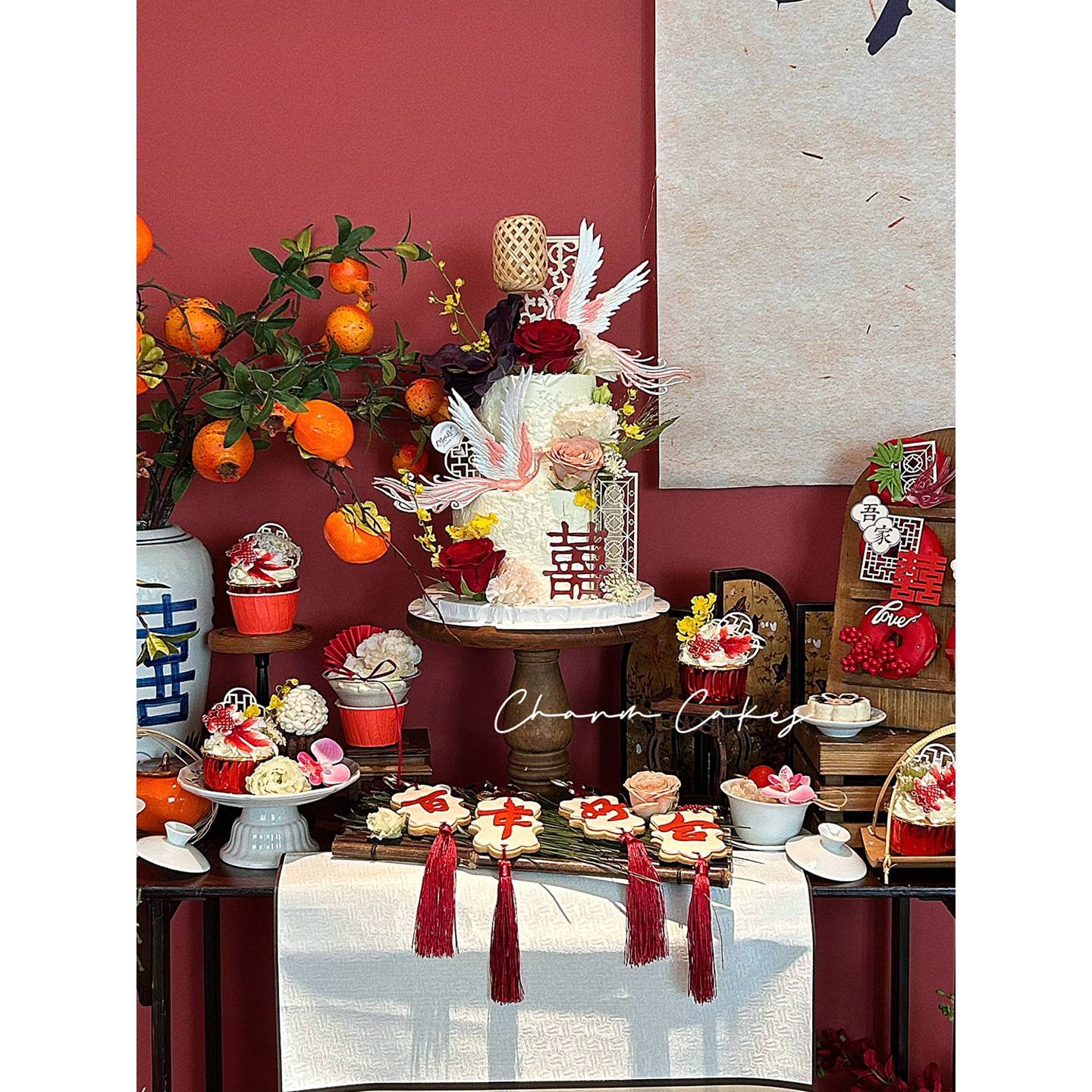 覆古新中式订婚结婚喜字甜品台蛋糕装饰刺绣凤凰喜鹊木质屏风摆件