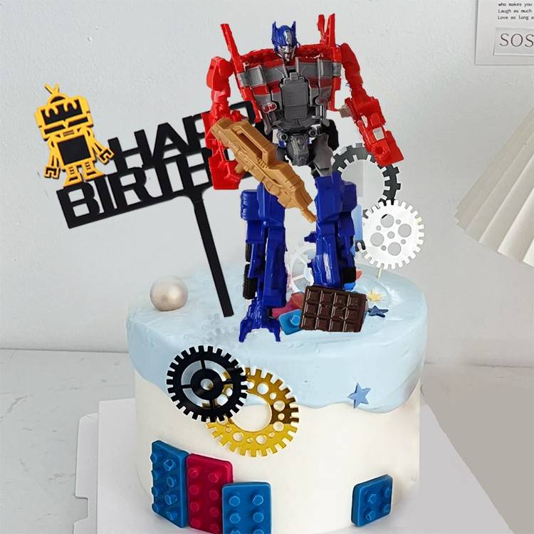 扭蛋机甲机器人变形汽车卡通生日蛋糕公仔蛋糕装饰摆件