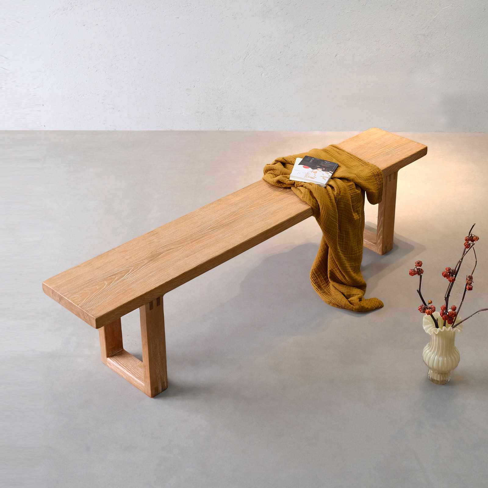 中古风实木长条凳白腊木拉丝做旧长板凳莫比恩款茶桌长凳